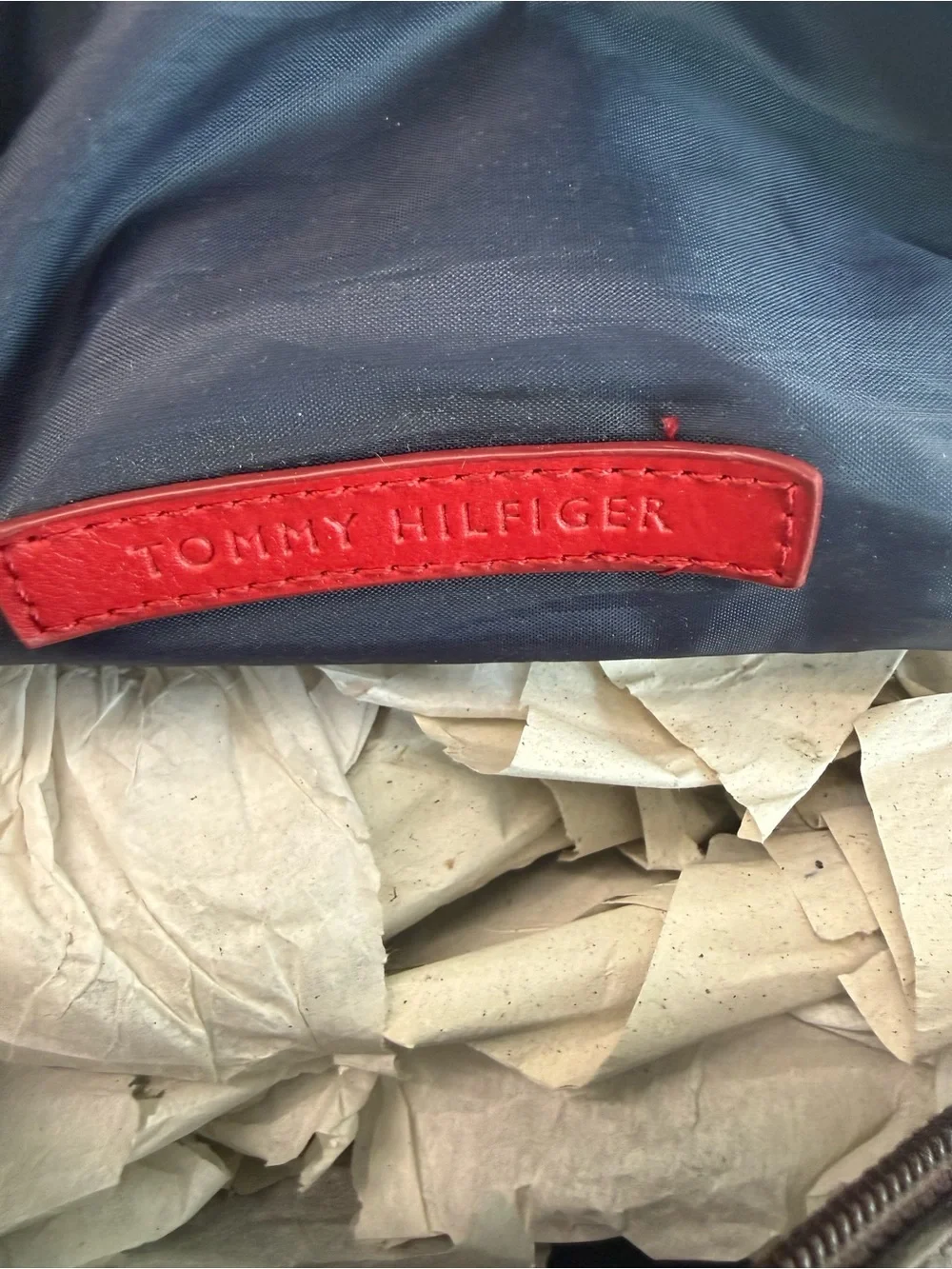 Tommy Hilfiger Nylon Satchel | Red Navy Monogram | Brown Trim